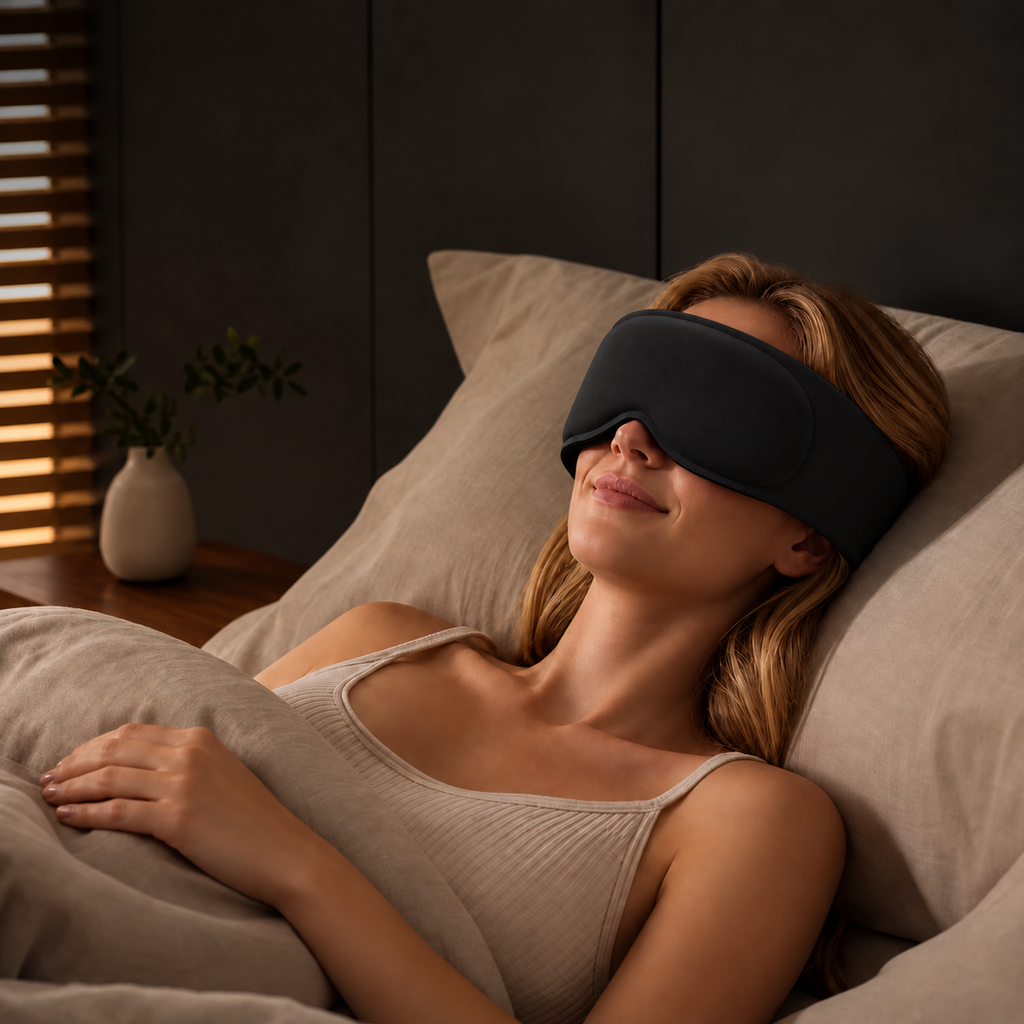 Woman resting in bed wearing the black DreamCalm sleep mask