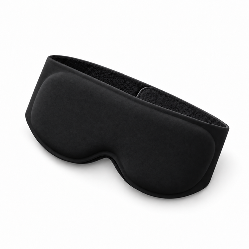 Black DreamCalm weighted sleep mask on a white background
