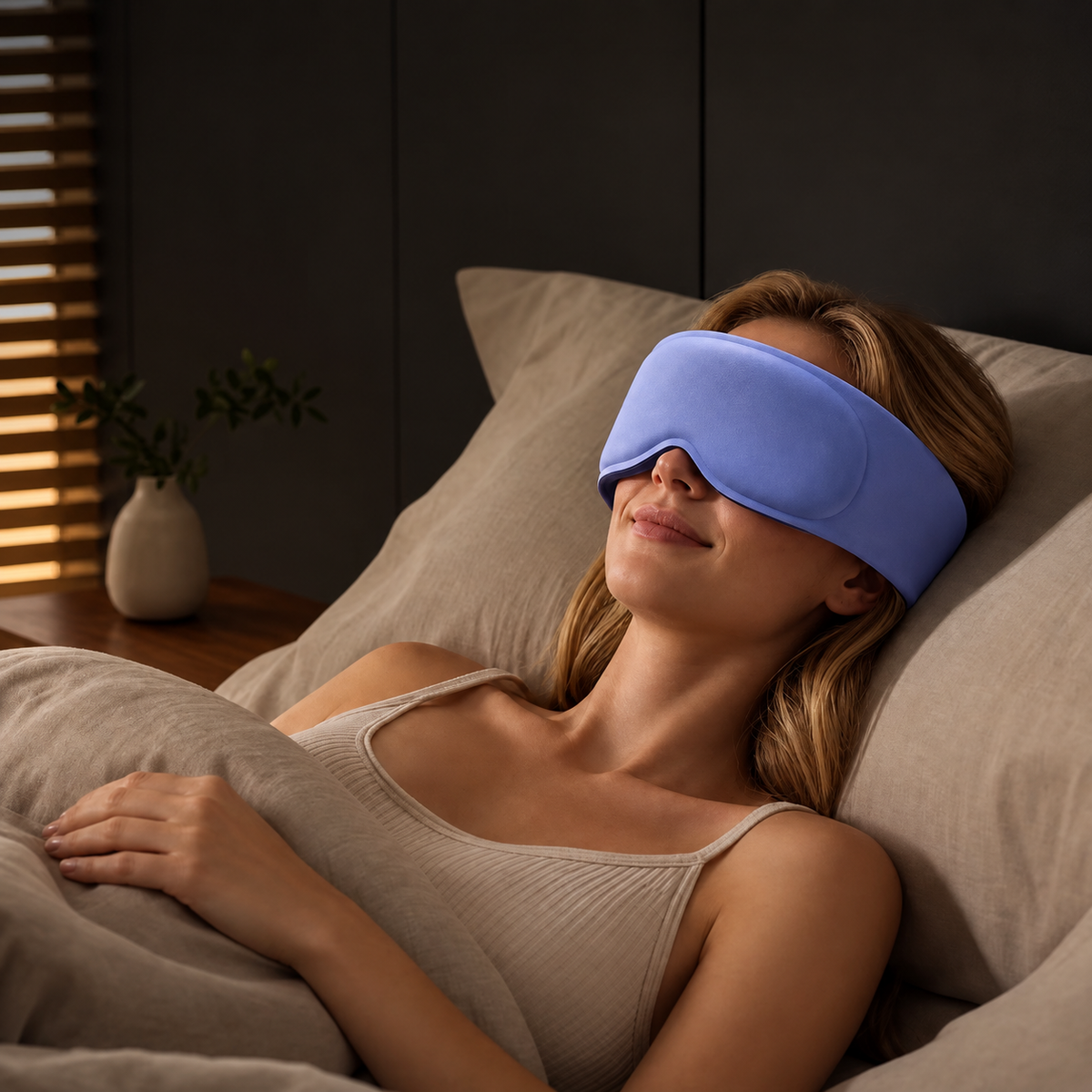 Woman wearing the blue contoured weighted sleep mask in bed