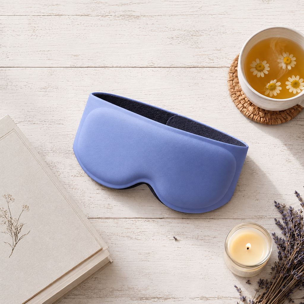Blue contoured weighted sleep mask beside a cup of tea