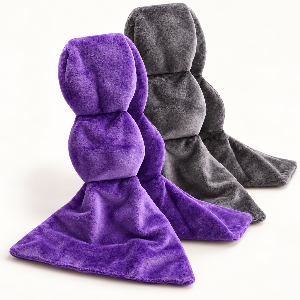DreamDrape weighted eye pillows in Violet and Charcoal on white