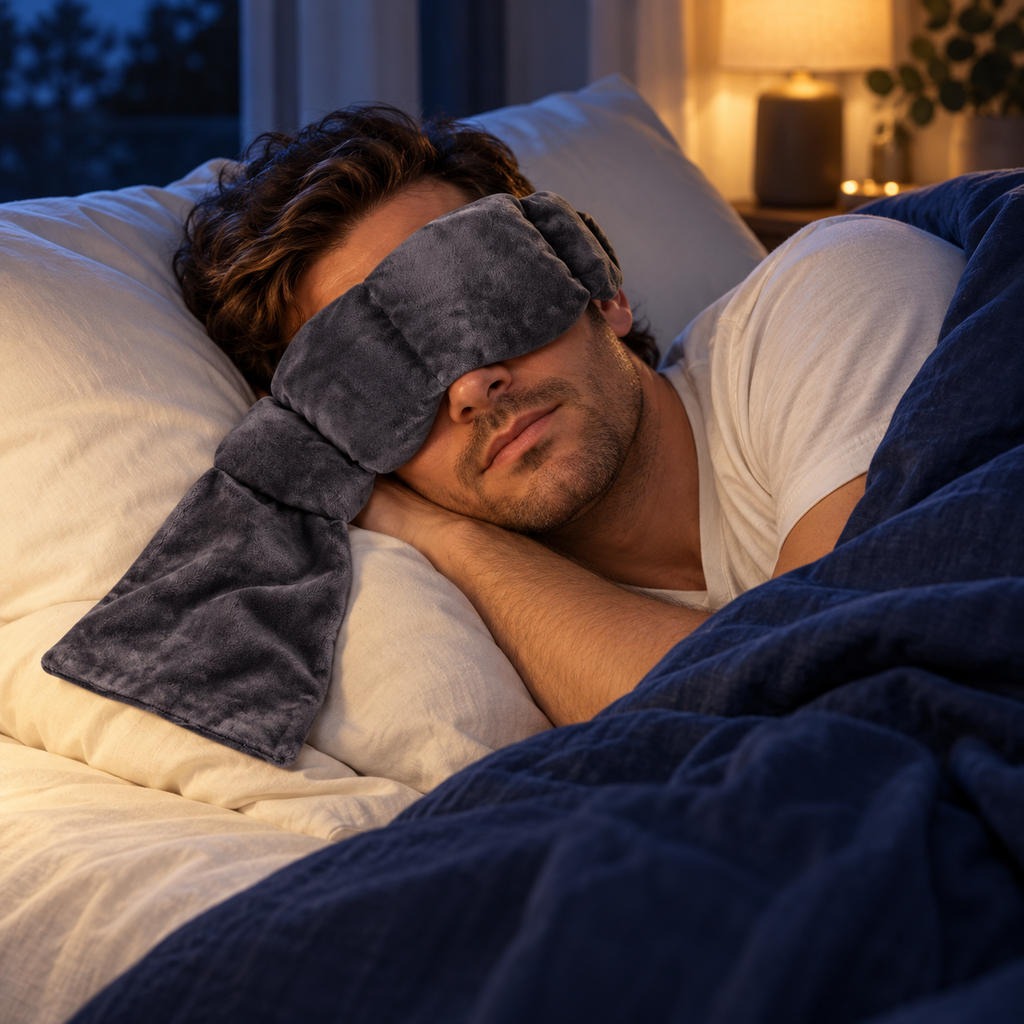 Man resting at night with Charcoal DreamDrape eye pillow