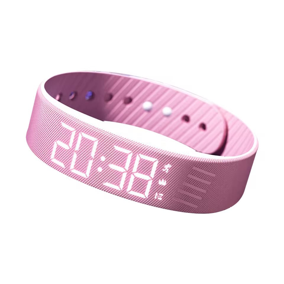 Rose Red vibrating alarm wristband with LED display on white background