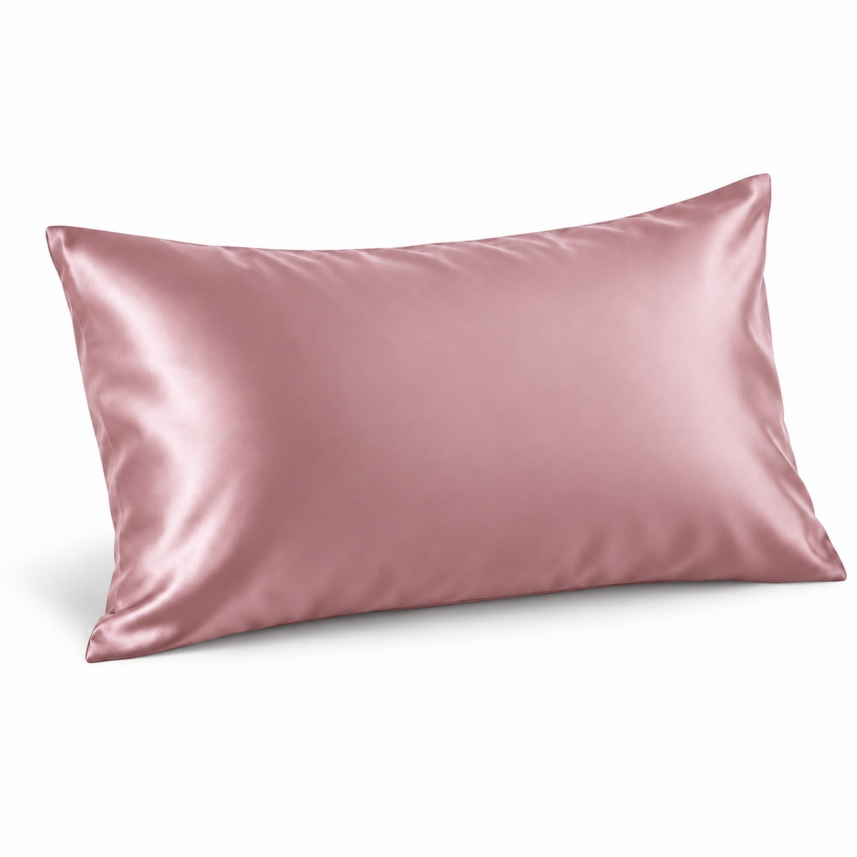 Blush silk-front pillowcase on a white background