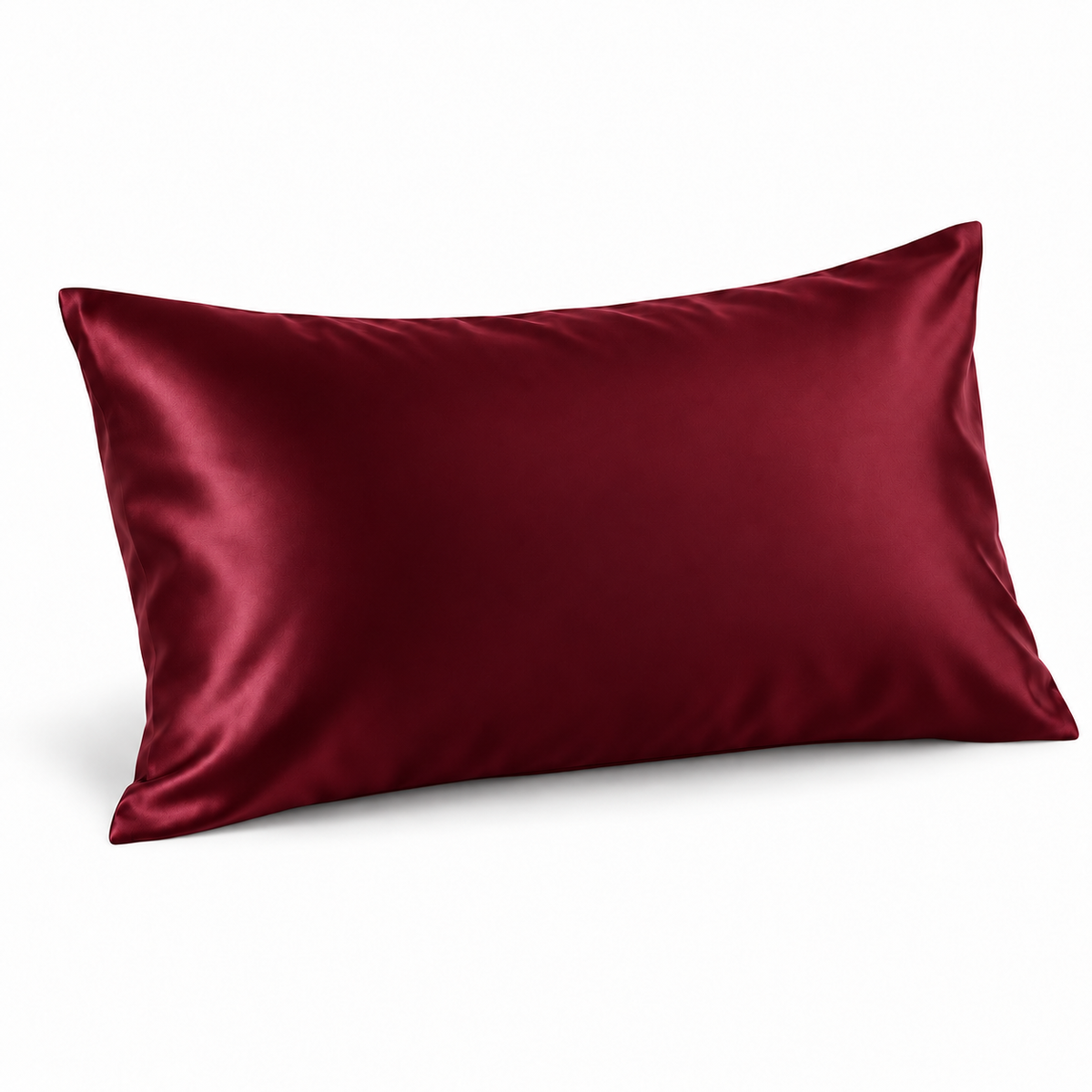 Burgundy silk-front pillowcase on a white background