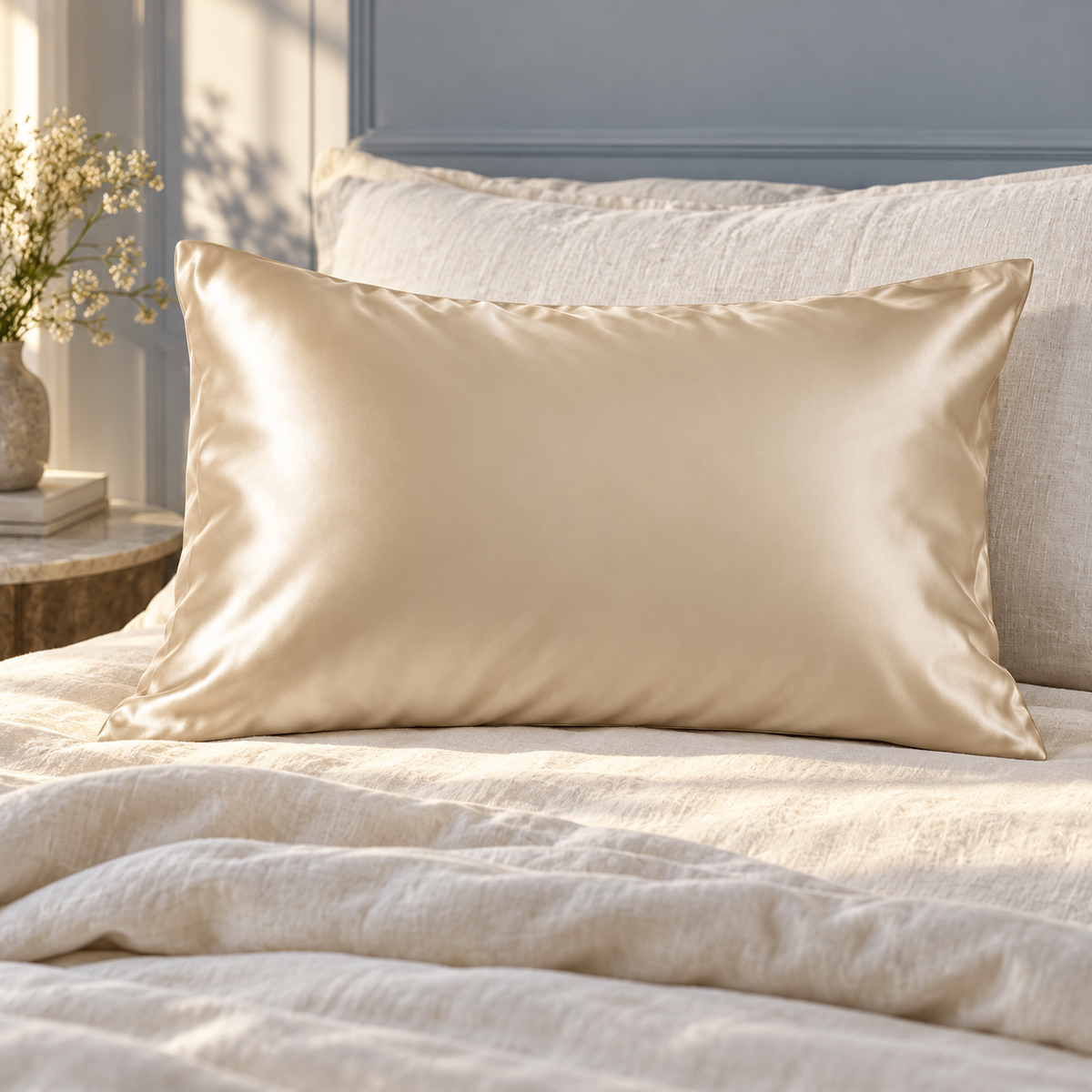 Champagne silk-front pillowcase styled on ivory bedding