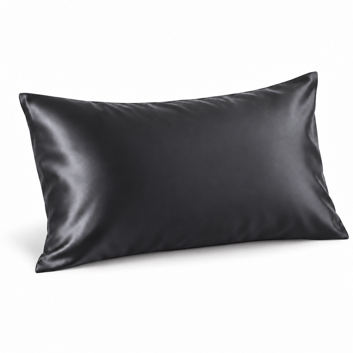 Charcoal silk-front pillowcase on a white background