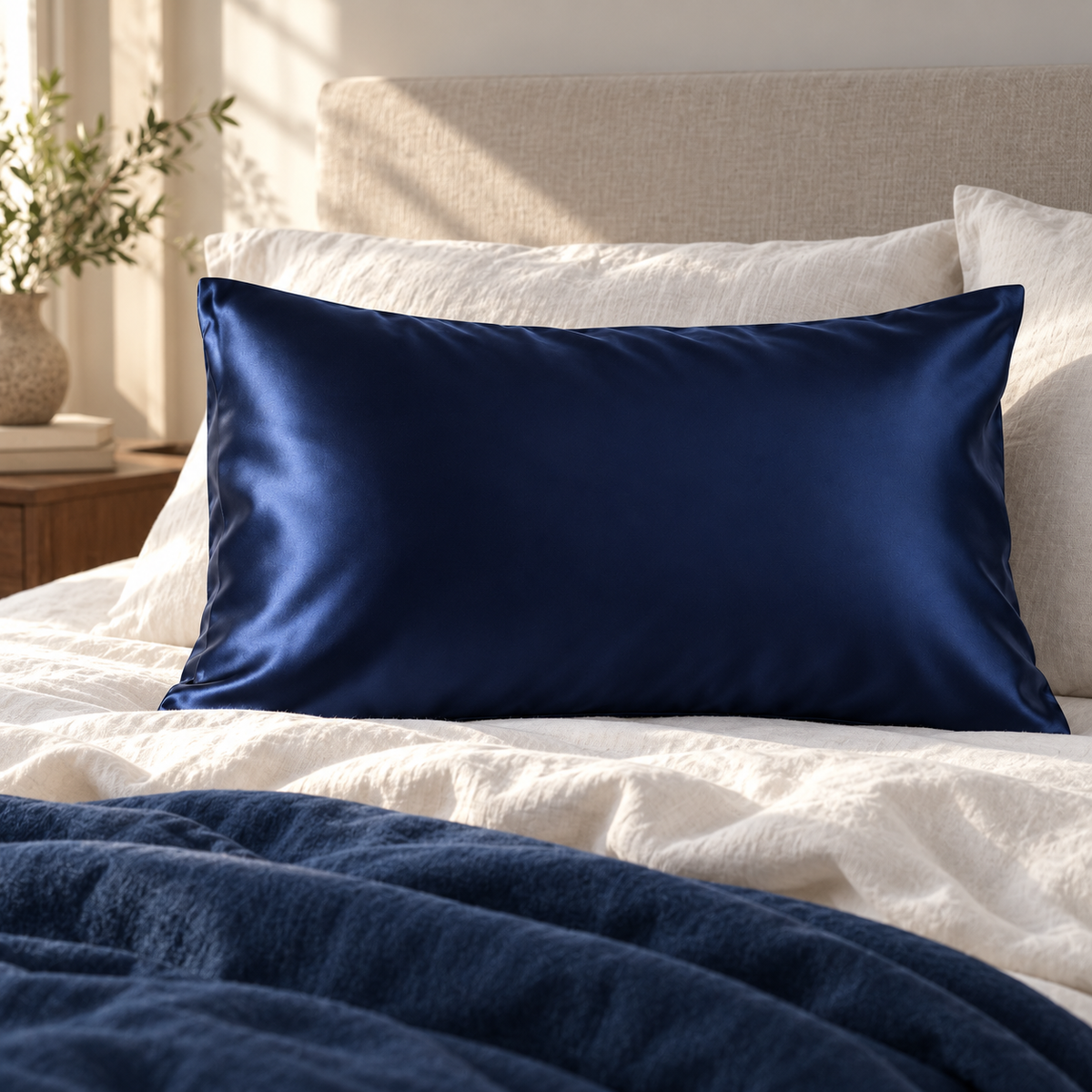 Navy silk-front pillowcase styled on white and blue bedding