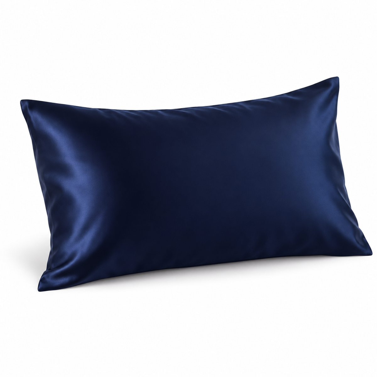 Navy silk-front pillowcase on a white background