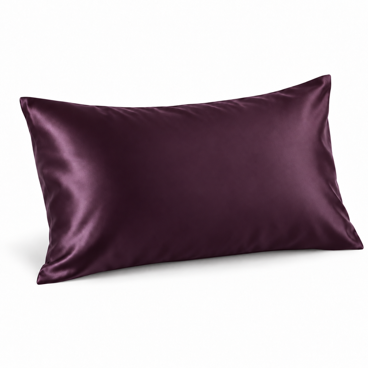 Plum silk-front pillowcase on a white background