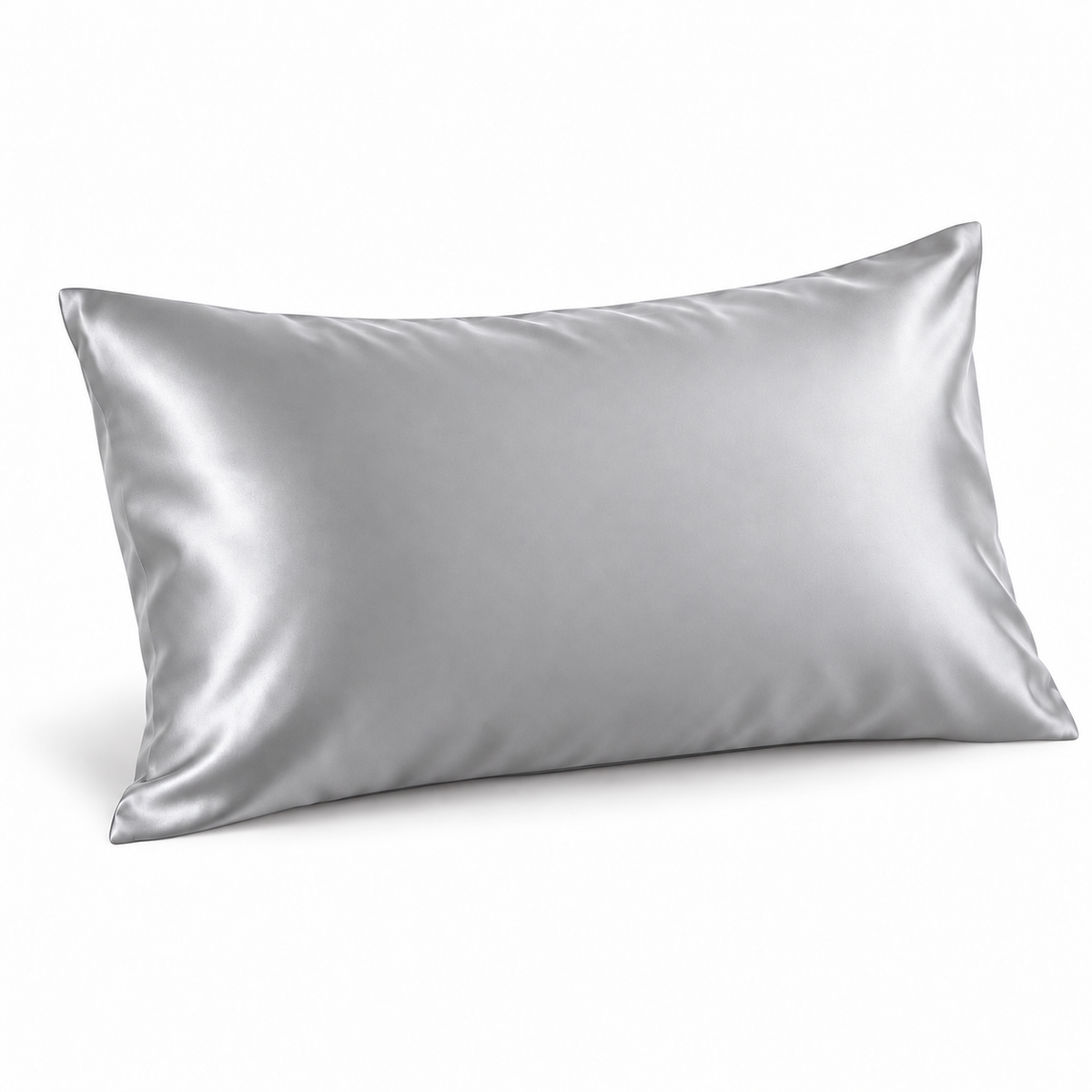 Silver silk-front pillowcase on a white background